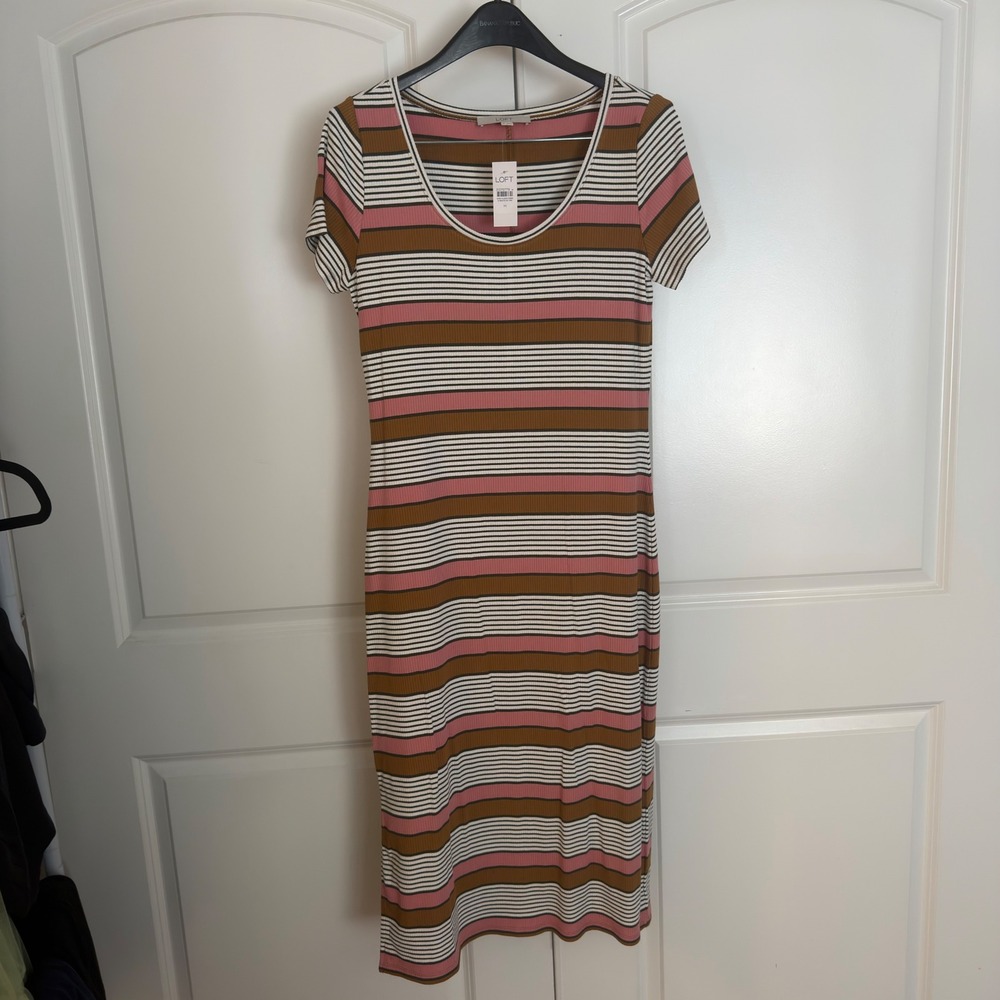 LOFT Womens Pink Brown Striped Ribbed Knit Short Sleeve Midi Bodycon Dress M NEW